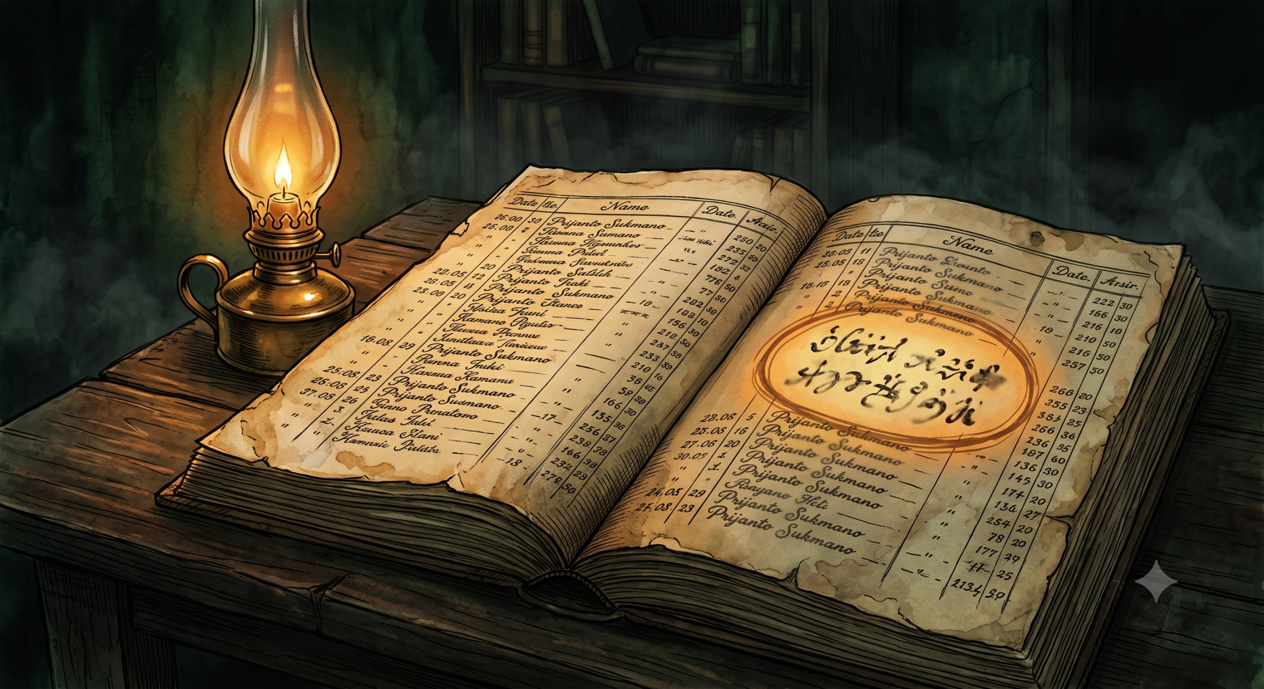 Ilustrasi buku tagihan tua terbuka, satu nama disorot cahaya amber