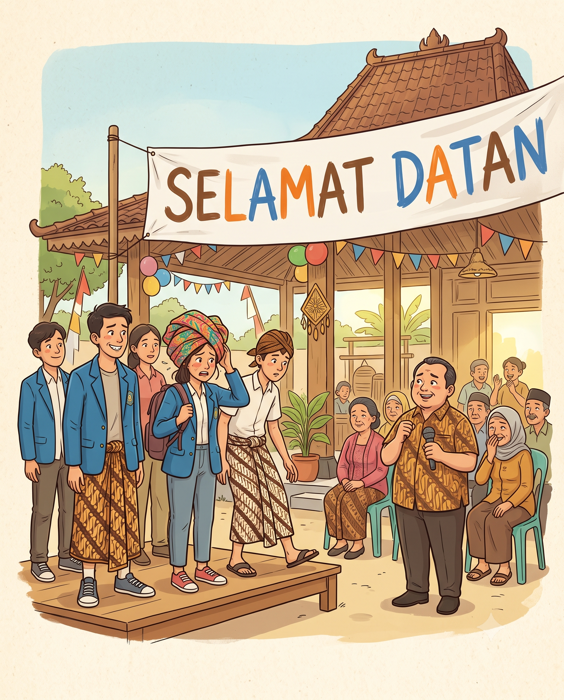 Banner desa cerah salah eja 'SELAMAT DATAN', suasana ngakak